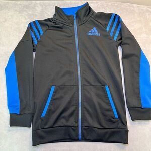 Adidas Full Zip Track Jacket Youth Size 7‎ Black Blue Stripes Tri Fold Fleece
